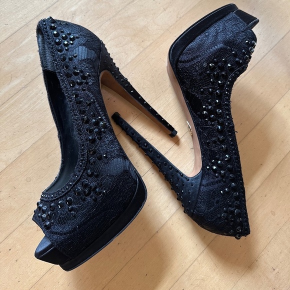 Betsey Johnson BBELA Rhinestone beaded platform peep toe stilettos, 7.5. - Picture 4 of 8